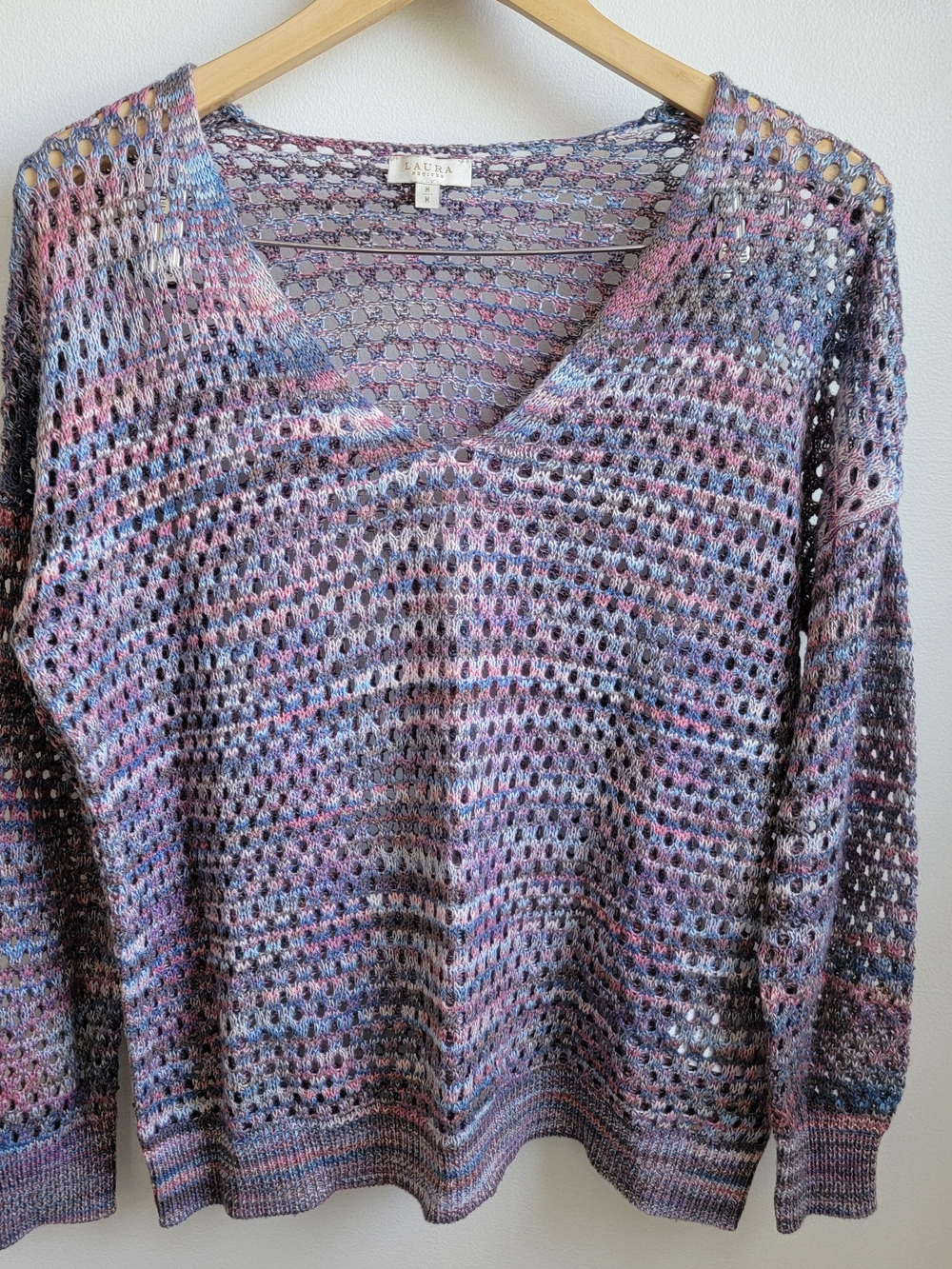 LAURA Crochet Lavender Multi Open-Weave V-Neck Sweater